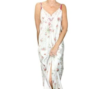 Vintage 80s 90s Linda x Eaton white pink floral satin low back midi slip dress S